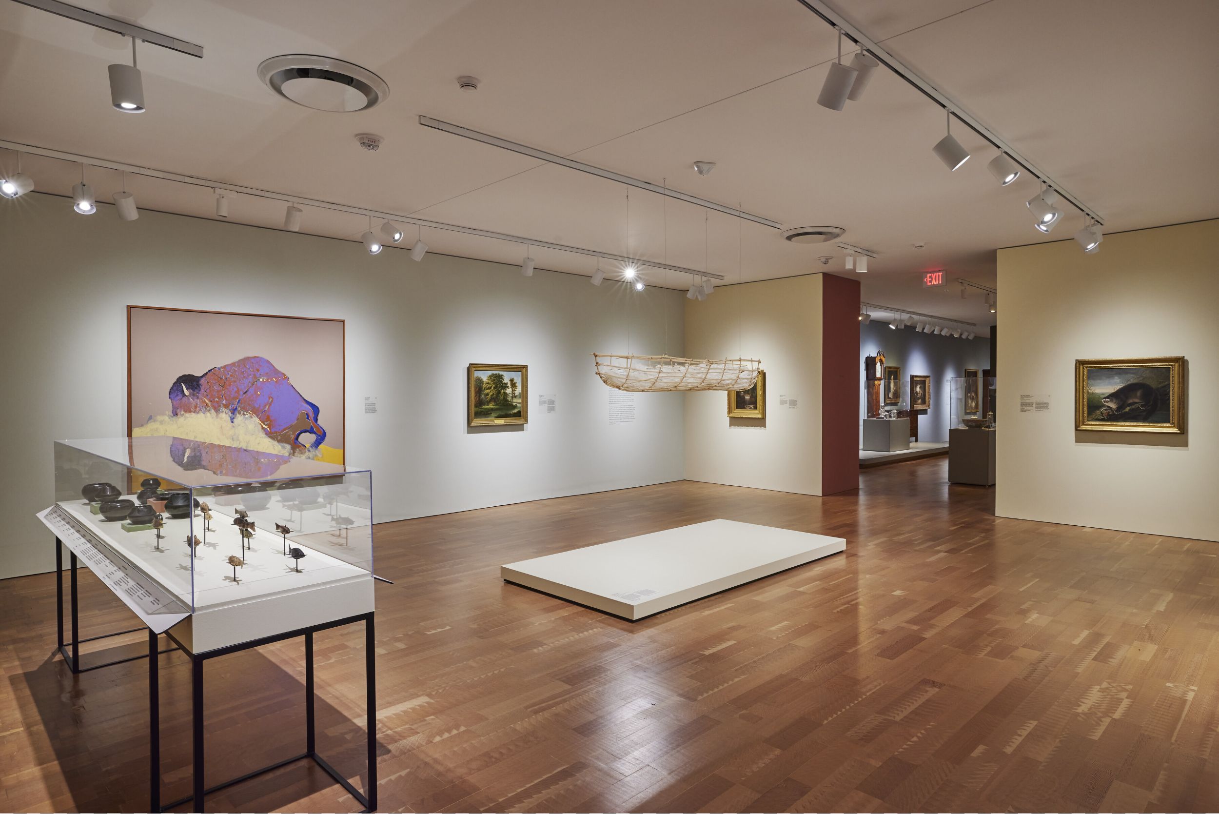 Interior of a museum gallery showing a glass-covered, freestanding case to the left, filled with small objects, paintings on the walls beyond, and a canoe-like shape suspended from the ceiling, with a rectangular plinth beneath.