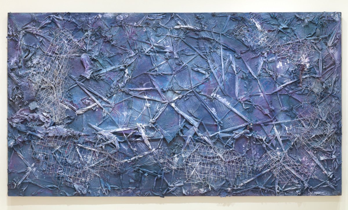 Abstract, textured composition in blues and purples. Removed portions of a burlap covering reveal the vague shape of a boat.