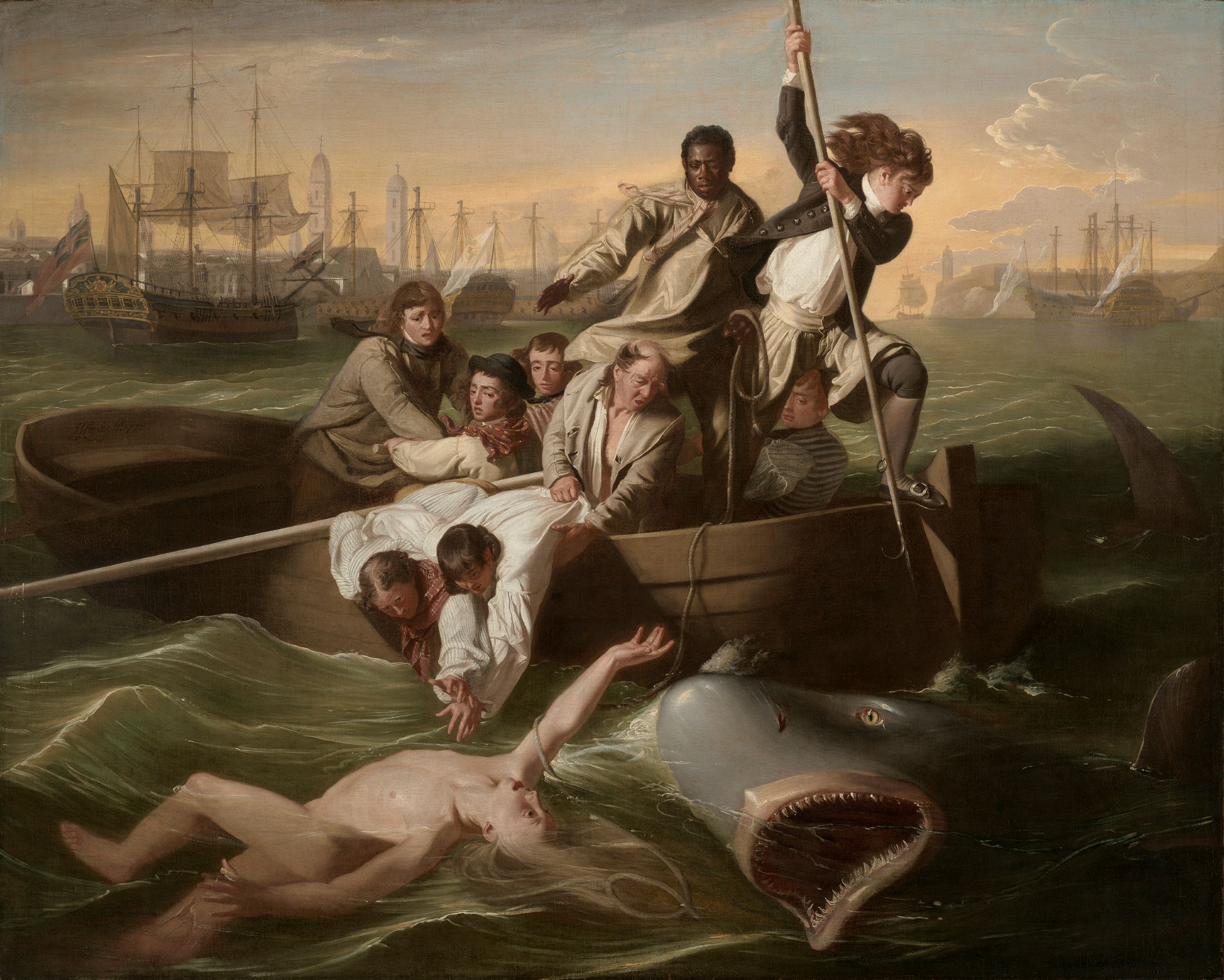 Oil painting of several men crowded into a boat, with one nude man who has fallen overboard into stormy seas and is being attacked by a shark whose mouth is wide open. Behind them in a city harbor scene.